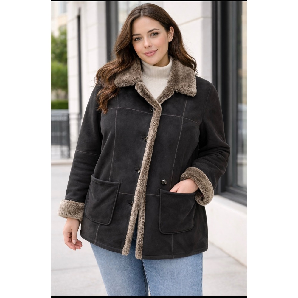 Gallery Woman Faux Suede Sherpa Lined Coat‎ Blackish/brown 1X **read**